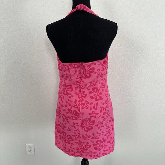 Vintage Y2K PInk Halter Floral Print Mini Dress Sz Large Juniors 11/13 Hibiscus - Picture 4 of 10